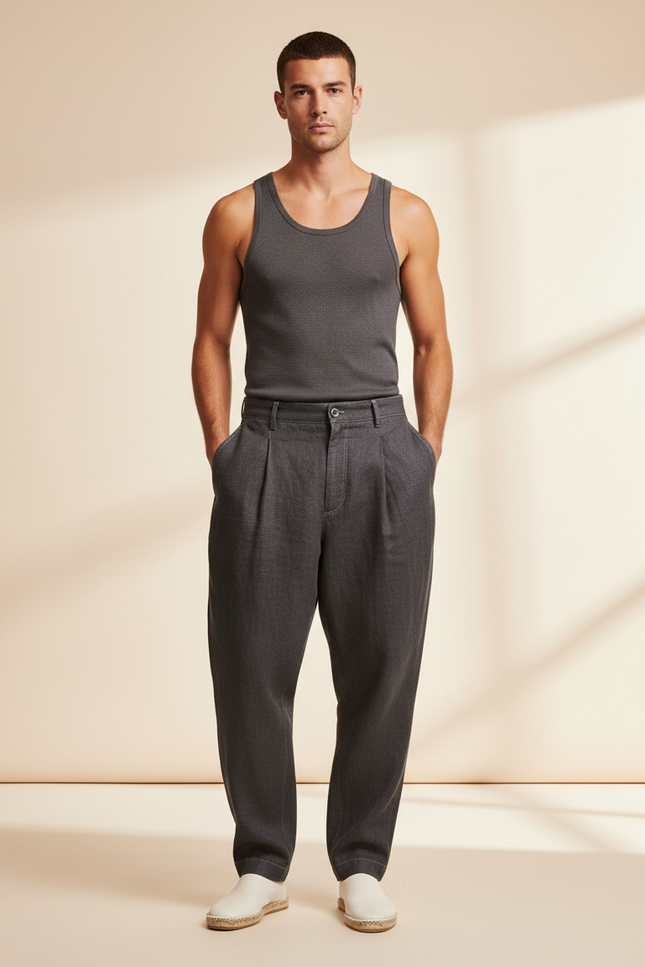 Pantalon Baggy Gris Anthracite Plissé Ample Homme Décontracté - Lin