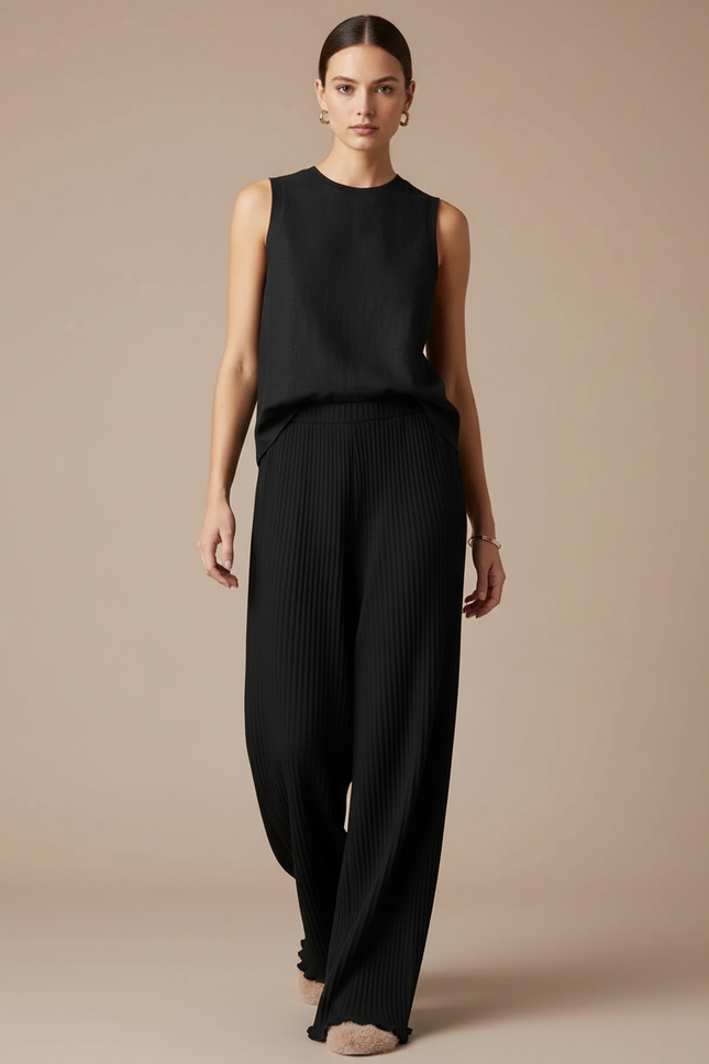 Pantalon Baggy Noir Plissé Fluide Décontracté Femme - Viscose