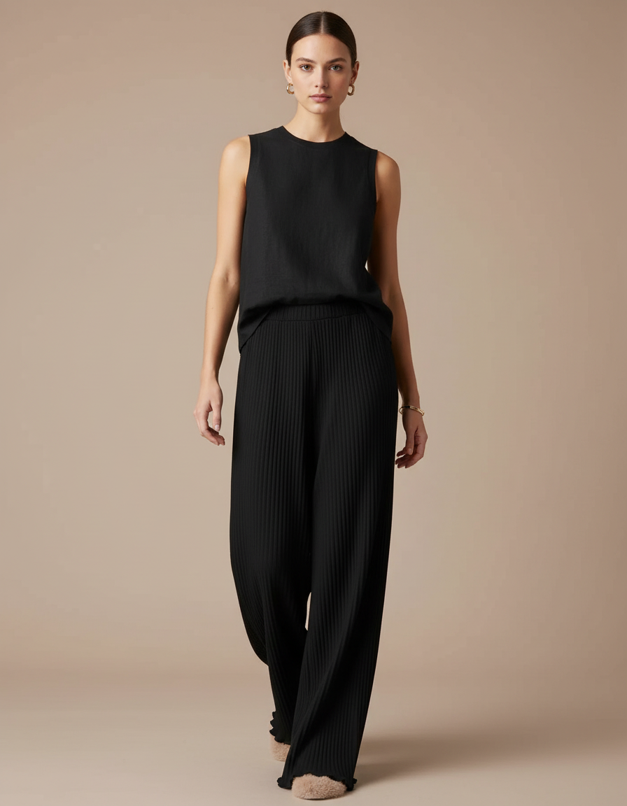 Pantalon Baggy Noir Plissé Fluide Décontracté Femme - Viscose