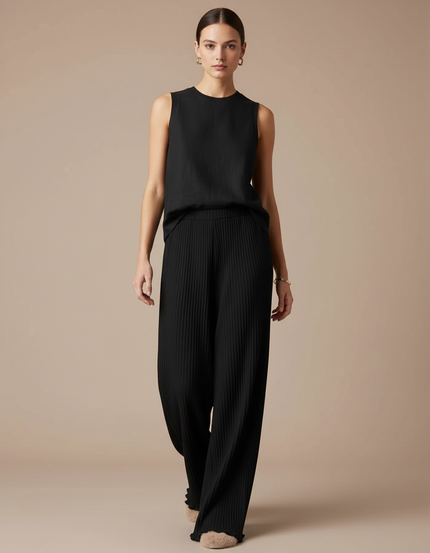 Pantalon Baggy Noir Plissé Fluide Décontracté Femme - Viscose