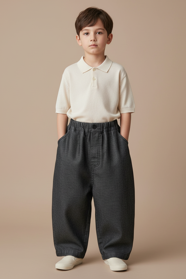 Pantalon Baggy Denim Côtelé Gris Ample Rétro Enfant - Cordé