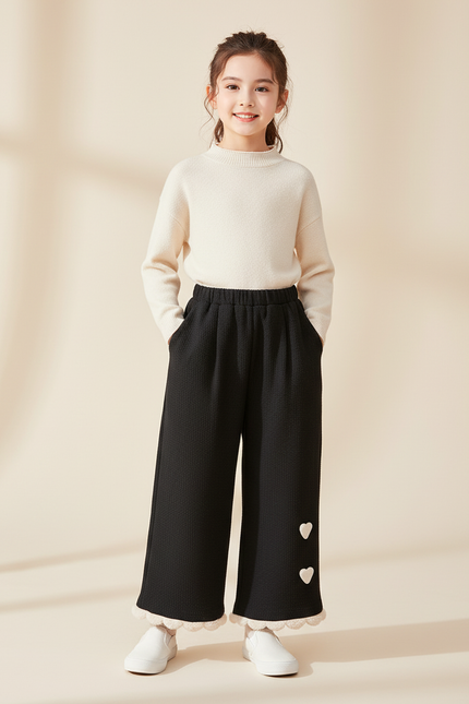 Pantalon Baggy Noir Ample Cœur Fille Hiver - Maille