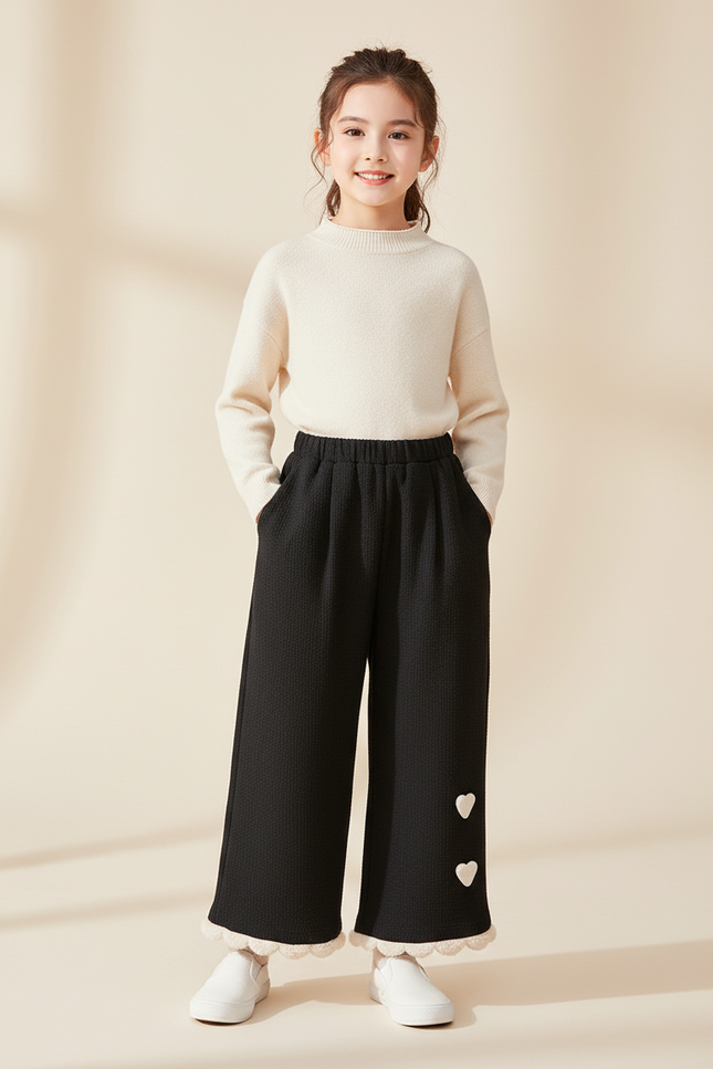 Pantalon Baggy Noir Ample Cœur Fille Hiver - Maille