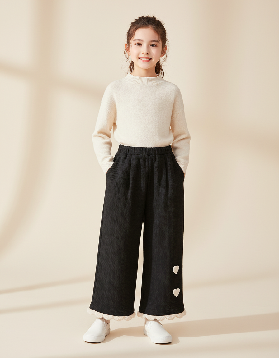 Pantalon Baggy Noir Ample Cœur Fille Hiver - Maille