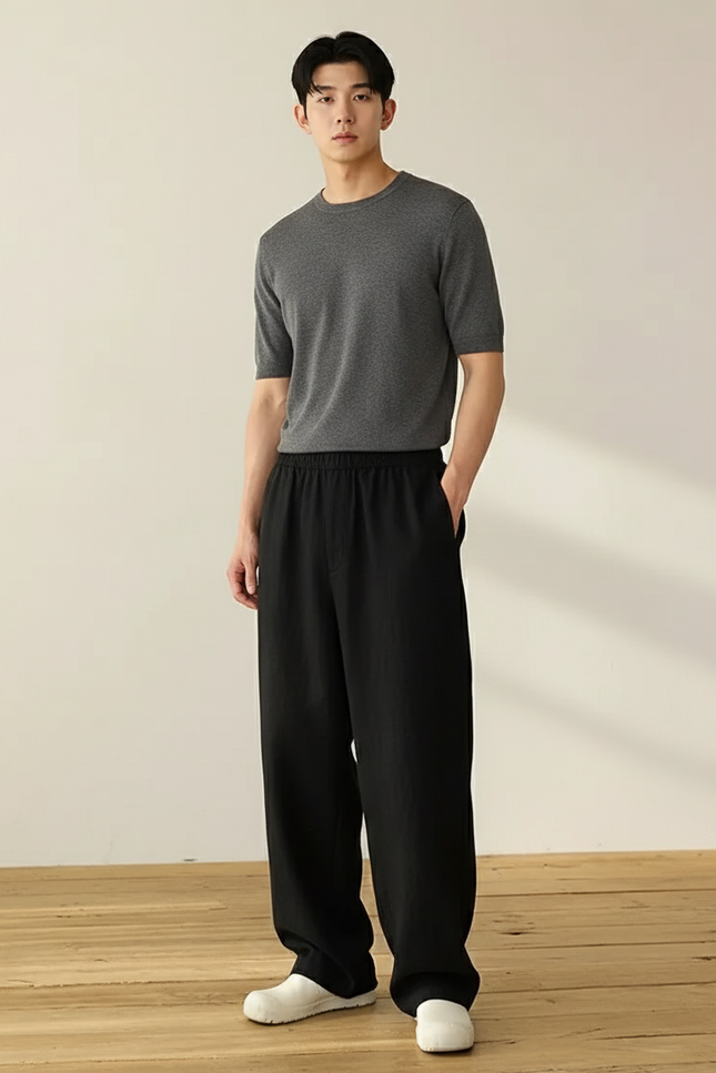 Pantalon Baggy Noir Ample Droit Décontracté Unisexe - Lin