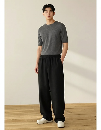 Pantalon Baggy Noir Ample Droit Décontracté Unisexe - Lin