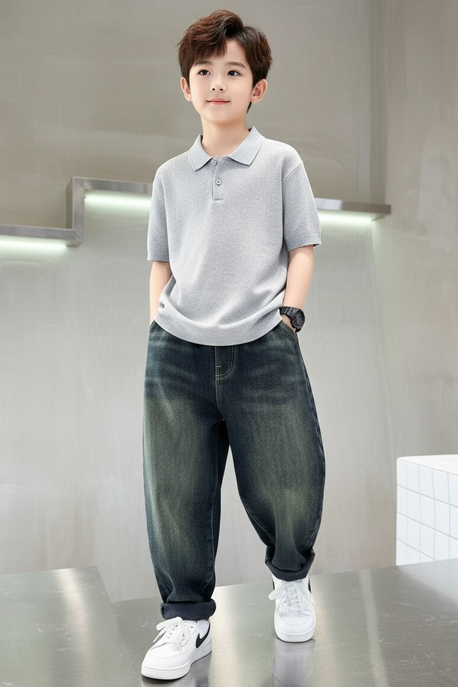 Pantalon Baggy Jean Ample Délavé Garçon Confortable - Bleu