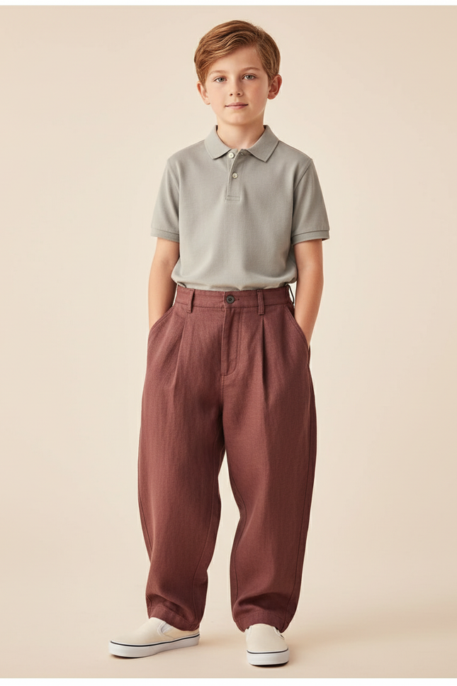 Pantalon Baggy Marron Plissé Ample Décontracté Garçon - Bordeaux Lin
