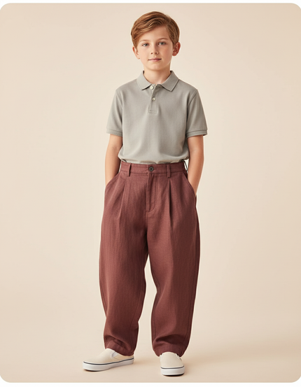 Pantalon Baggy Marron Plissé Ample Décontracté Garçon - Bordeaux Lin