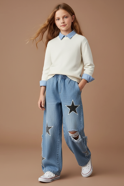 Pantalon Baggy Jean Bleu Étoiles Ample Déchiré Fille