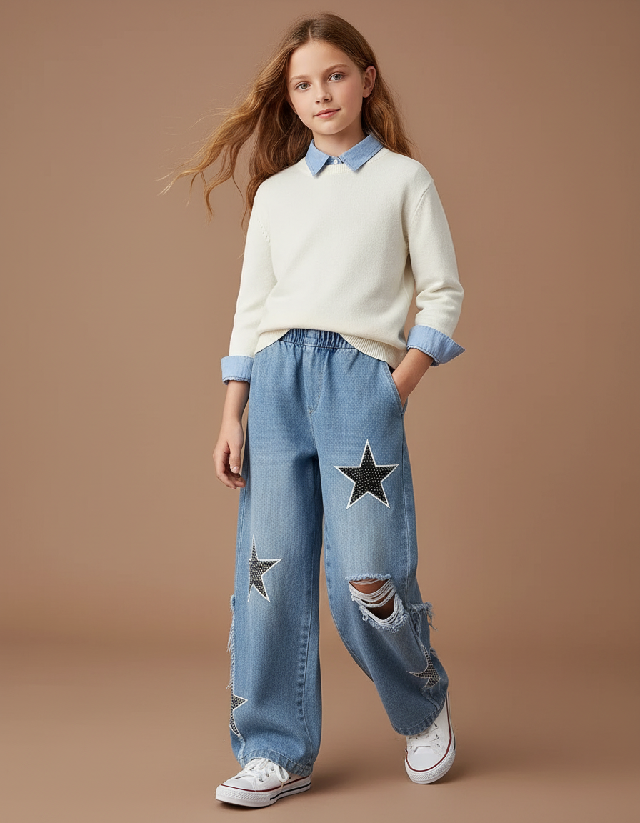 Pantalon Baggy Jean Bleu Étoiles Ample Déchiré Fille