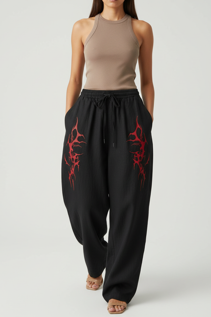 Pantalon Baggy Noir Ample Coton Imprimé Streetwear Femme - Lin