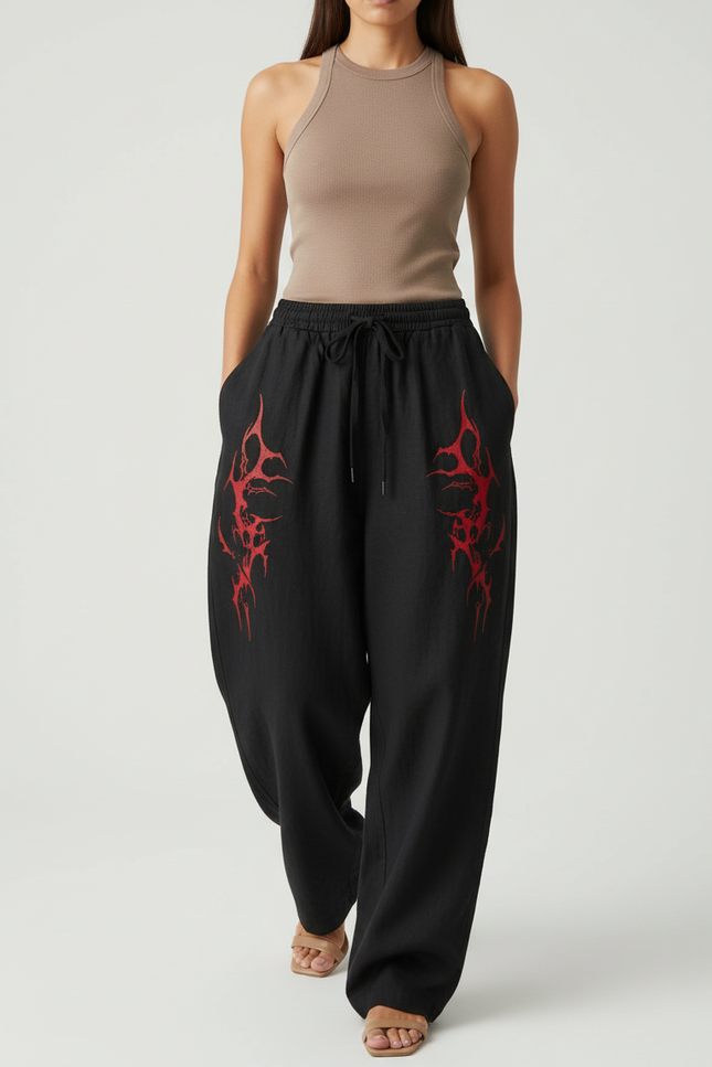Pantalon Baggy Noir Ample Coton Imprimé Streetwear Femme - Lin