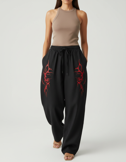 Pantalon Baggy Noir Ample Coton Imprimé Streetwear Femme - Lin