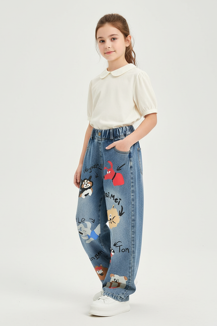 Pantalon Baggy Denim Bleu Ample Imprimé Animaux Fille - Jean