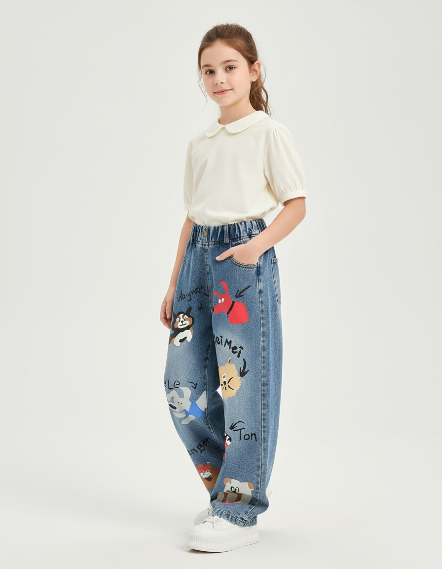 Pantalon Baggy Denim Bleu Ample Imprimé Animaux Fille - Jean