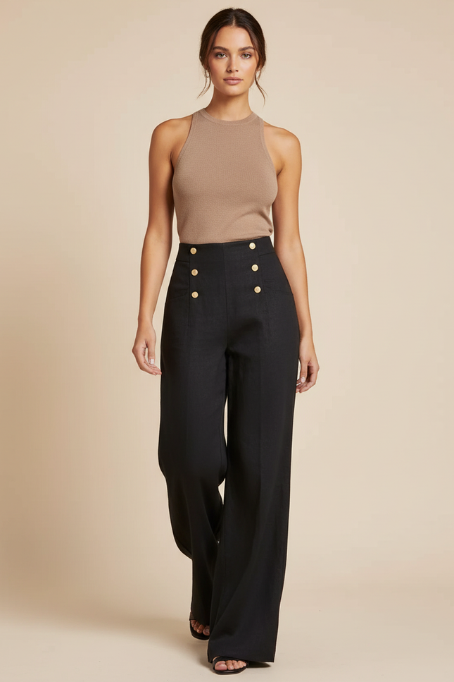 Pantalon Baggy Noir Ample Boutons Dorés Fluide - Lin