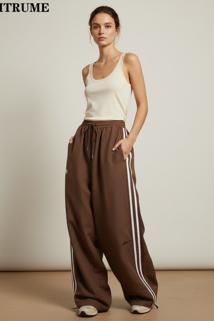 Pantalon Baggy Marron Rayures Blanches Ample Sportif - Molleton