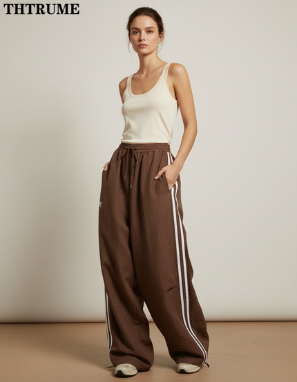 Pantalon Baggy Marron Rayures Blanches Ample Sportif - Molleton