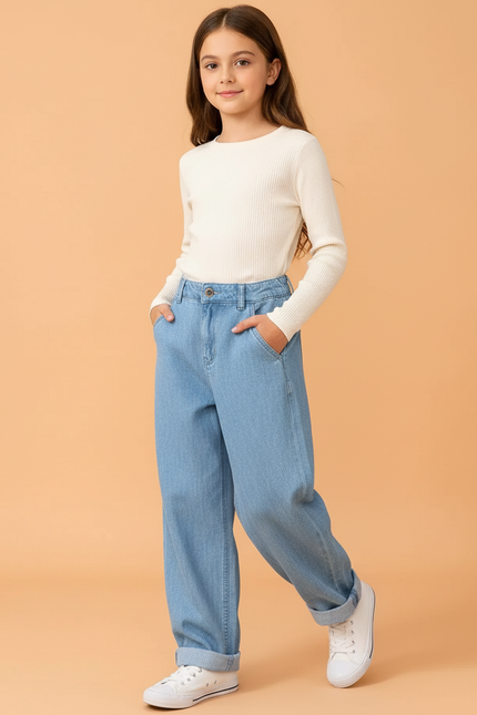 Pantalon Baggy Jean Ample Bleu Clair Fille