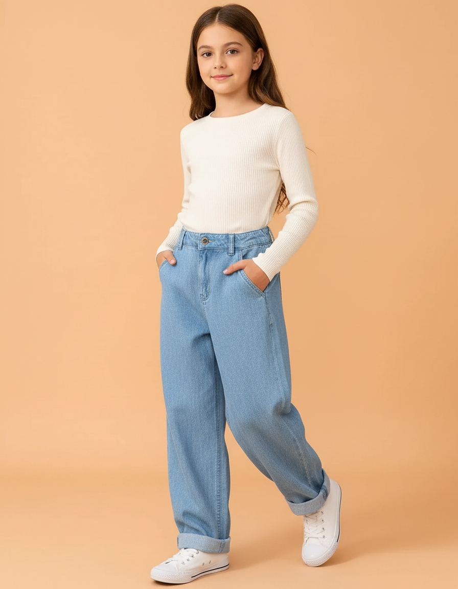 Pantalon Baggy Jean Ample Bleu Clair Fille