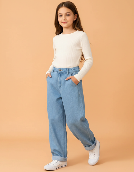 Pantalon Baggy Jean Ample Bleu Clair Fille