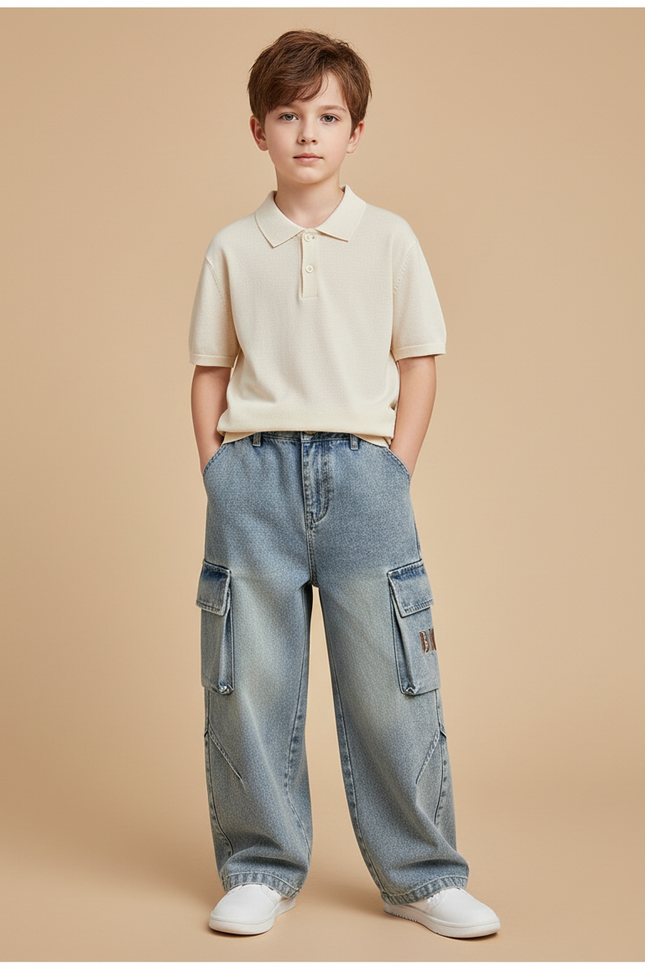 Pantalon Baggy Bleu Délavé Cargo Ample Enfant Streetwear - Jean