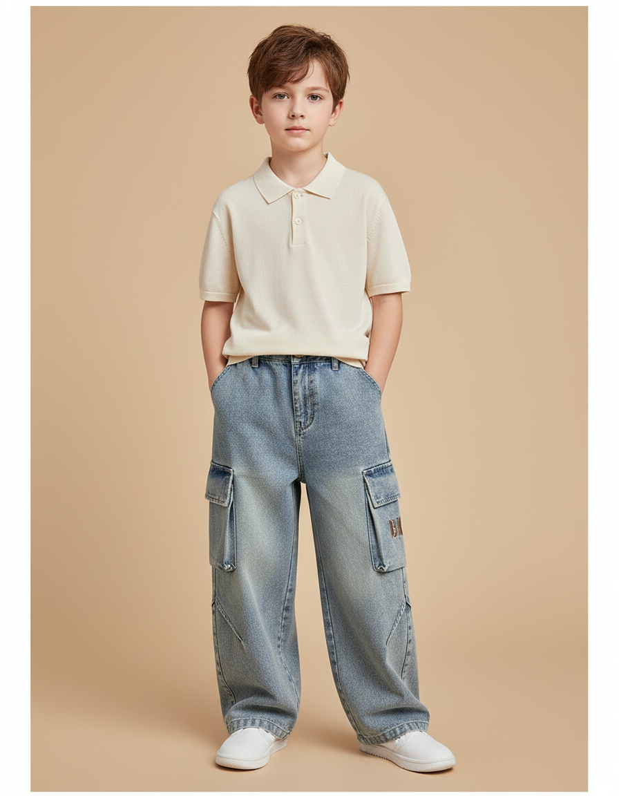 Pantalon Baggy Bleu Délavé Cargo Ample Enfant Streetwear - Jean