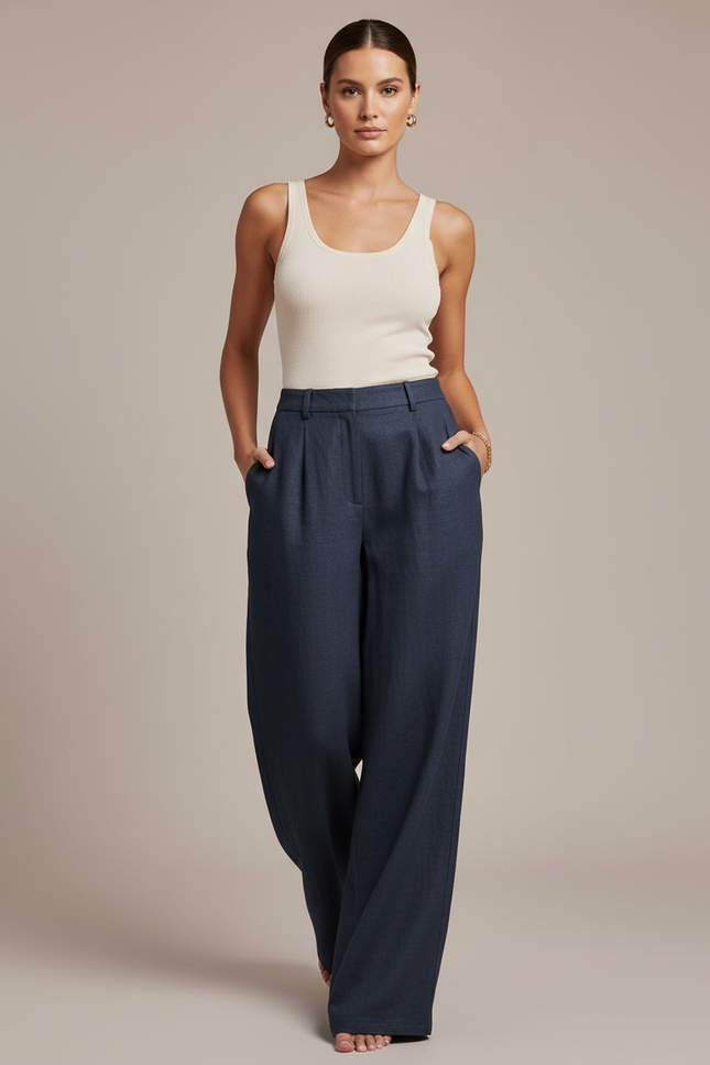Pantalon Baggy Bleu Marine Lin Ample Taille Haute