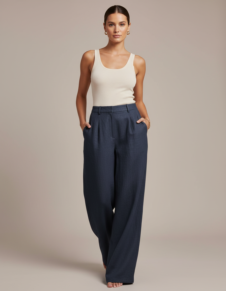 Pantalon Baggy Bleu Marine Lin Ample Taille Haute