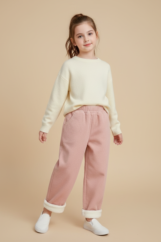 Pantalon Baggy Rose Épais Décontracté Molletonné Enfant