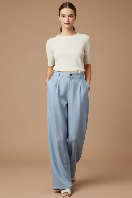 Pantalon Baggy Bleu Clair Lin Plissé Fluide Élégant