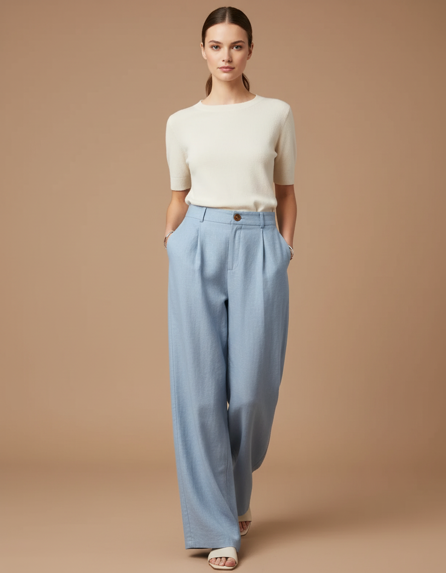 Pantalon Baggy Bleu Clair Lin Plissé Fluide Élégant