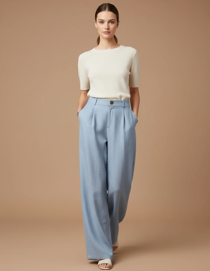 Pantalon Baggy Bleu Clair Lin Plissé Fluide Élégant