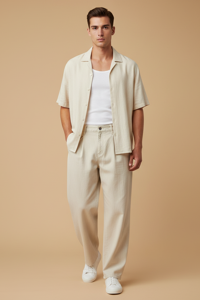 Pantalon Baggy Beige Décontracté Ample Coton Homme - Lin
