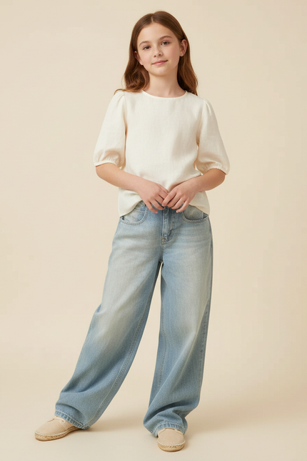 Pantalon Baggy Denim Ample Clair Taille Haute - Bleu Jean