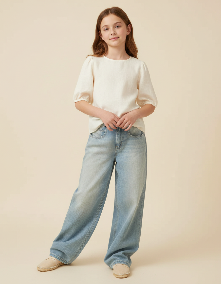 Pantalon Baggy Denim Ample Clair Taille Haute - Bleu Jean