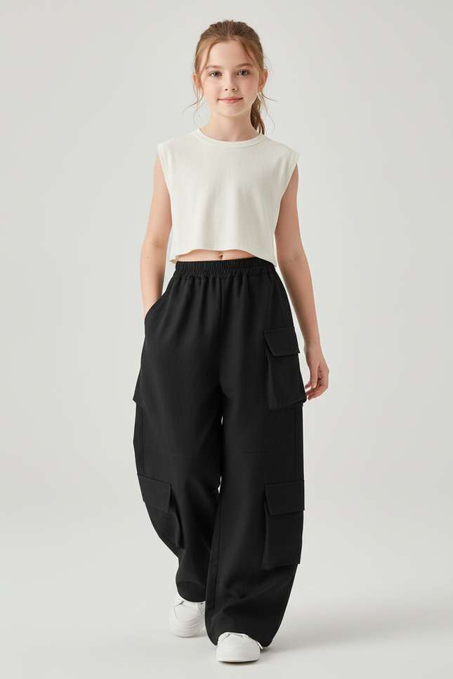 Pantalon Baggy Noir Ample Cargo Enfant Moderne - Toile