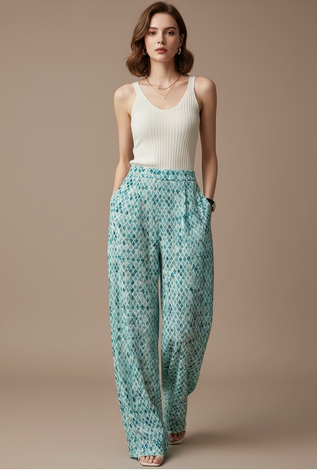 Pantalon Baggy Plissé Fluide Imprimé Vert Ample - Viscose