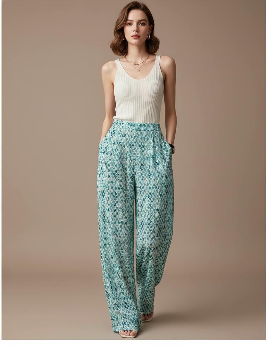 Pantalon Baggy Plissé Fluide Imprimé Vert Ample - Viscose