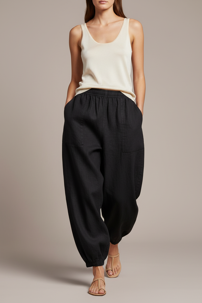 Pantalon Baggy Noir Ample Lin Fluide Femme