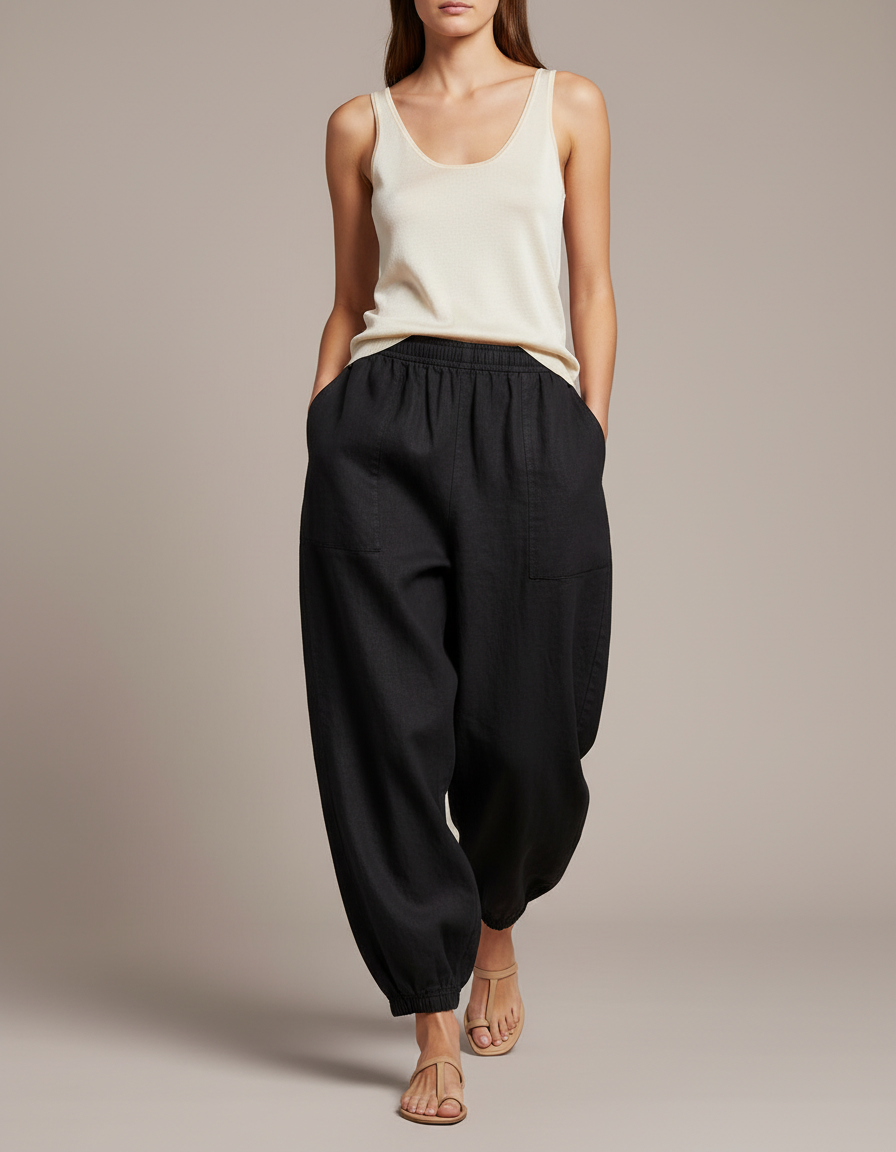 Pantalon Baggy Noir Ample Lin Fluide Femme