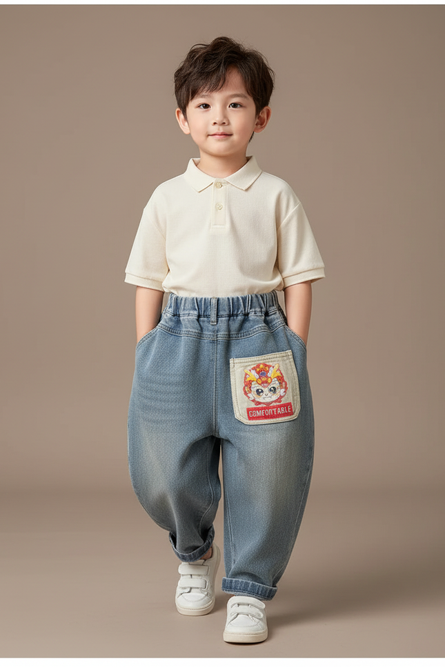 Pantalon Baggy Jean Bleu Ample Enfants Brodé