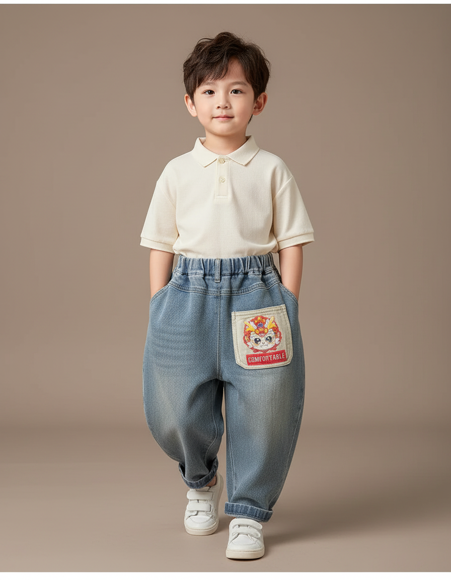 Pantalon Baggy Jean Bleu Ample Enfants Brodé