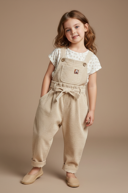 Pantalon Baggy Beige Côtelé Ample Décontracté Enfant Fille - Cordé