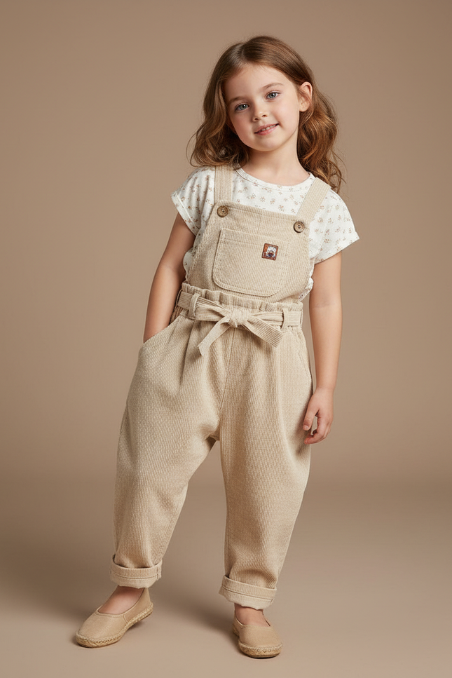 Pantalon Baggy Beige Côtelé Ample Décontracté Enfant Fille - Cordé