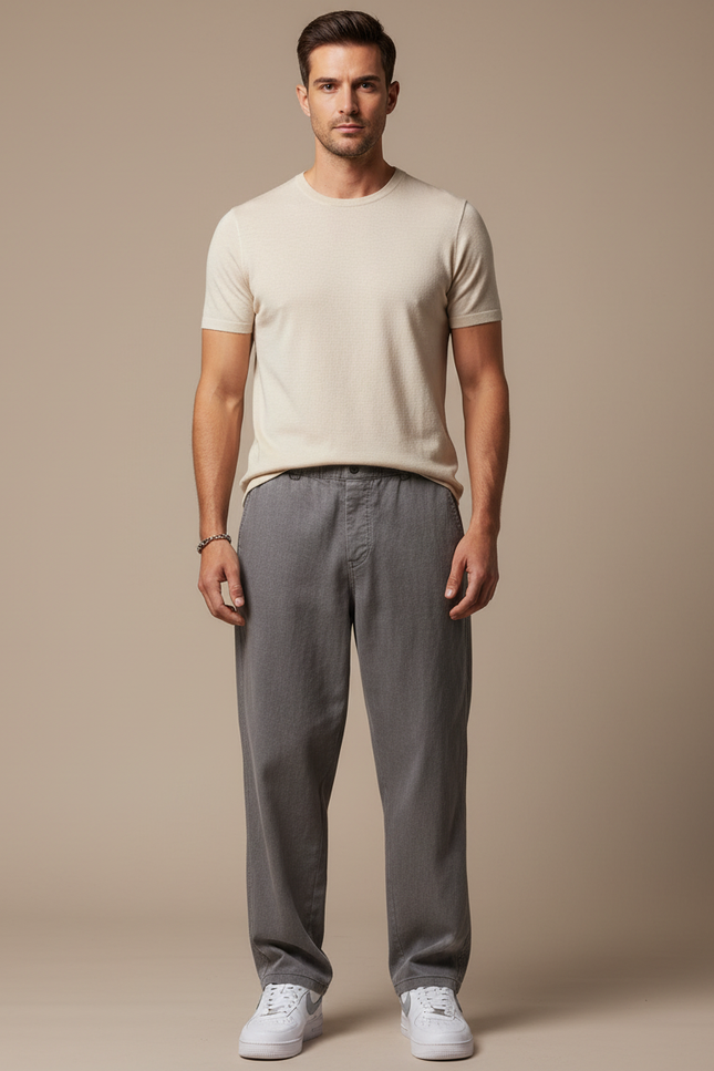Pantalon Baggy Gris Lyocell Droit Cordon Homme - Viscose