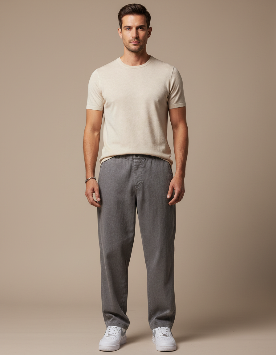 Pantalon Baggy Gris Lyocell Droit Cordon Homme - Viscose