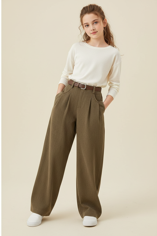 Pantalon Baggy Vert Kaki Ample Plissé Fille Décontracté - Gabardine