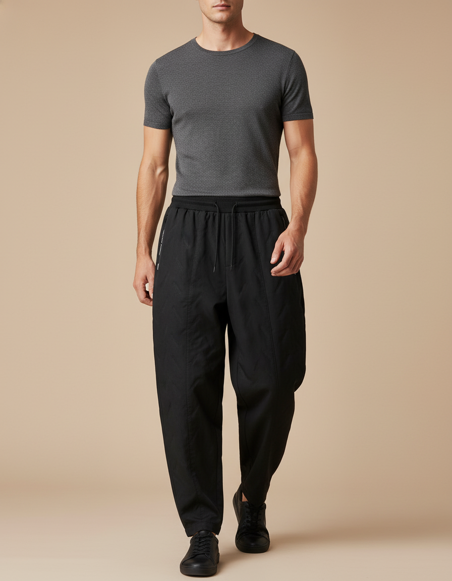 Pantalon Baggy Noir Ample Coton Cordon Décontracté